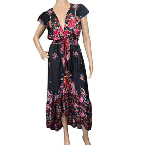 Women's Small Boho Peacock Floral V Neck Hi Low Ruffle Button Down Maxi Dress - Picture 4 of 16
